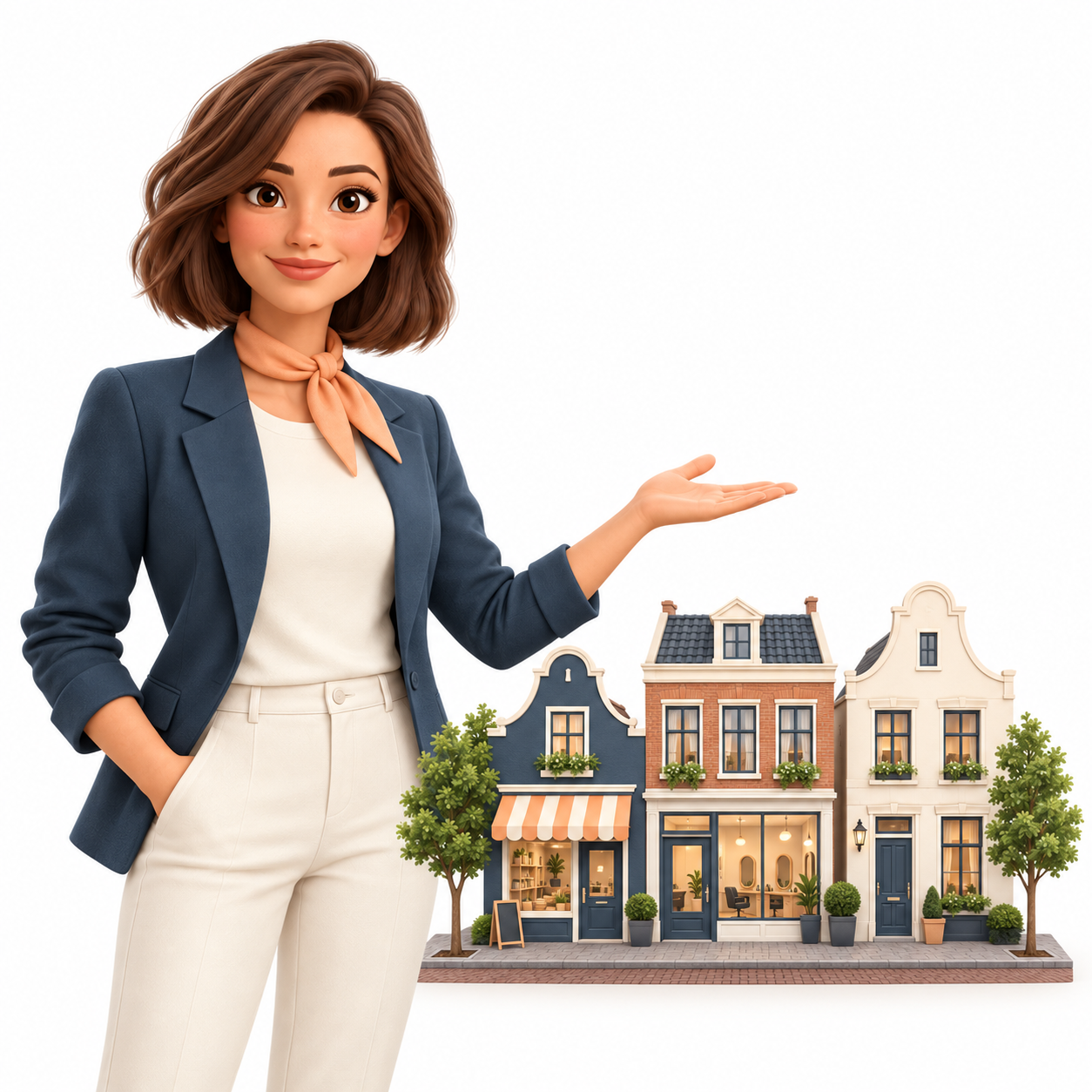 Onze gastvrouw verwelkomt je bij een miniatuur winkelstraat