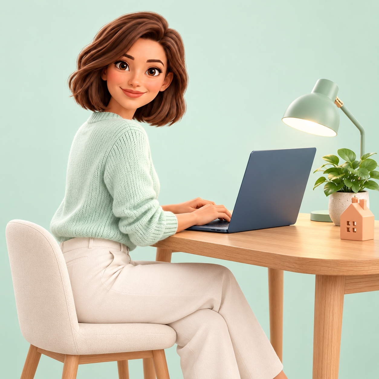 Onze gastvrouw in een mintgroene trui werkt aan een laptop