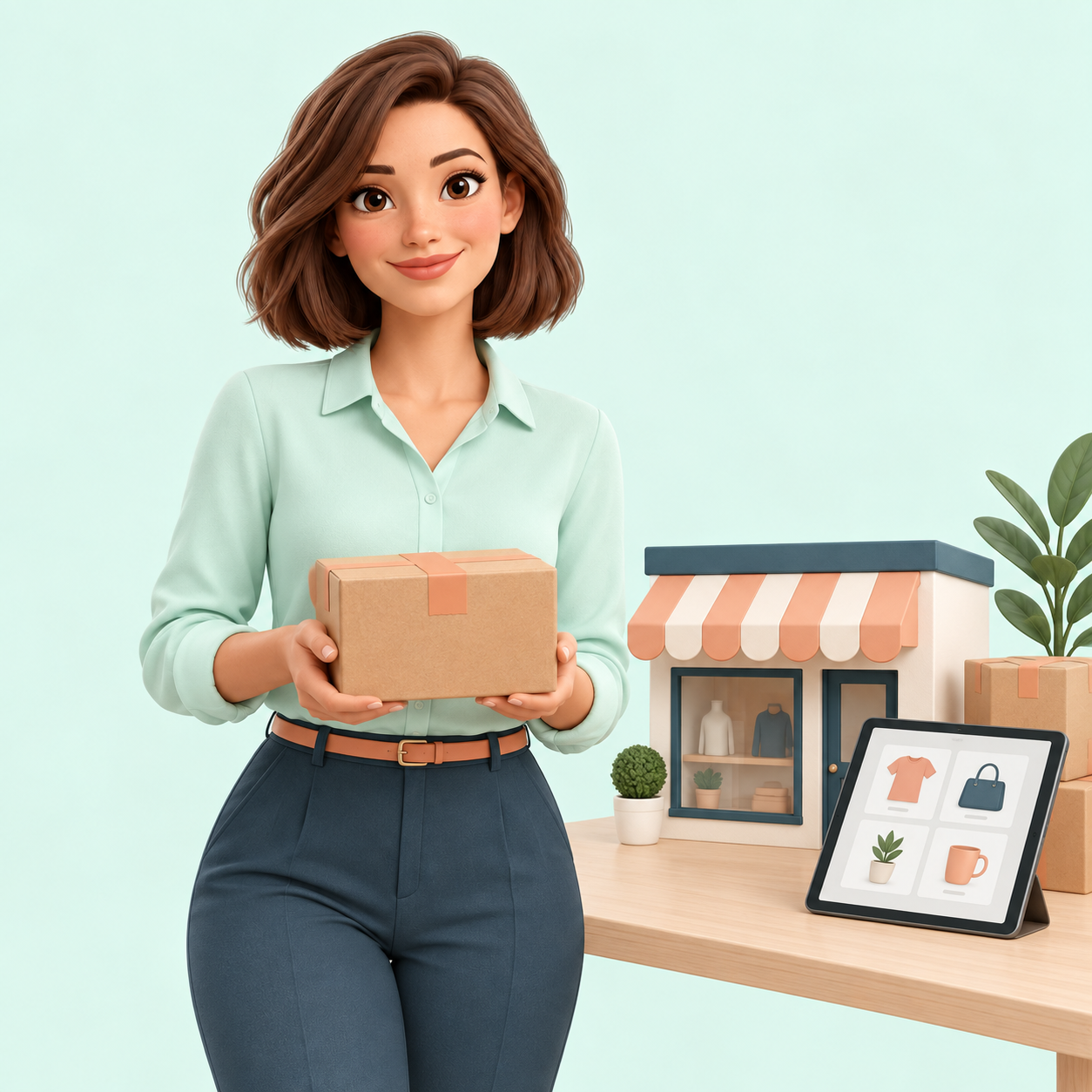 Gastvrouw presenteert een pakketje en webwinkel