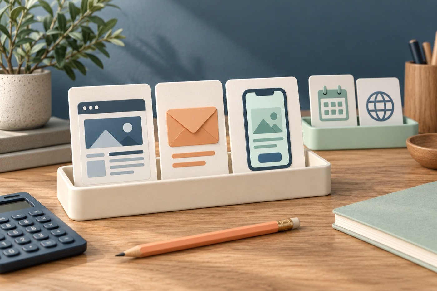 Een voorste bakje met website-, contact- en telefoonkaarten en een achterste bakje met aanvullende functies.