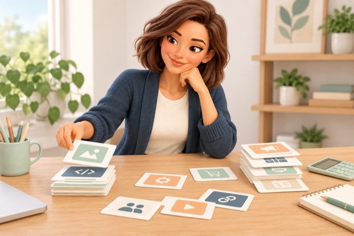 Evie sorteert kaarten met websitefuncties in prioriteiten naast een calculator en notitieboek.