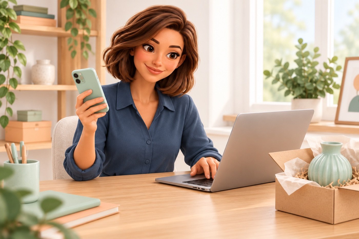 Evie test een webshopbetaling met een laptop en telefoon naast een ingepakt product.