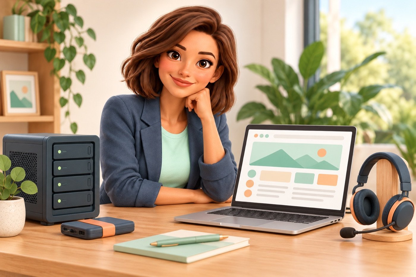 Een servermodel, back-upschijf, websitescherm en headset op een bureau.