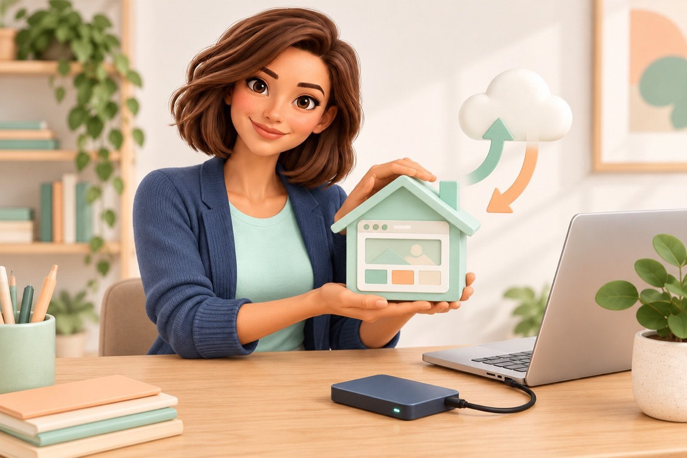 Evie toont een miniatuurhuis met websitevenster naast een laptop en back-upschijf.