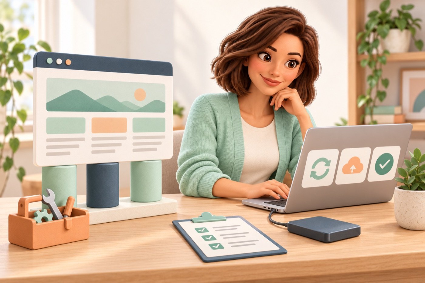 Evie controleert updates, back-ups en de werking van de website. Spreek af wie deze taken uitvoert.