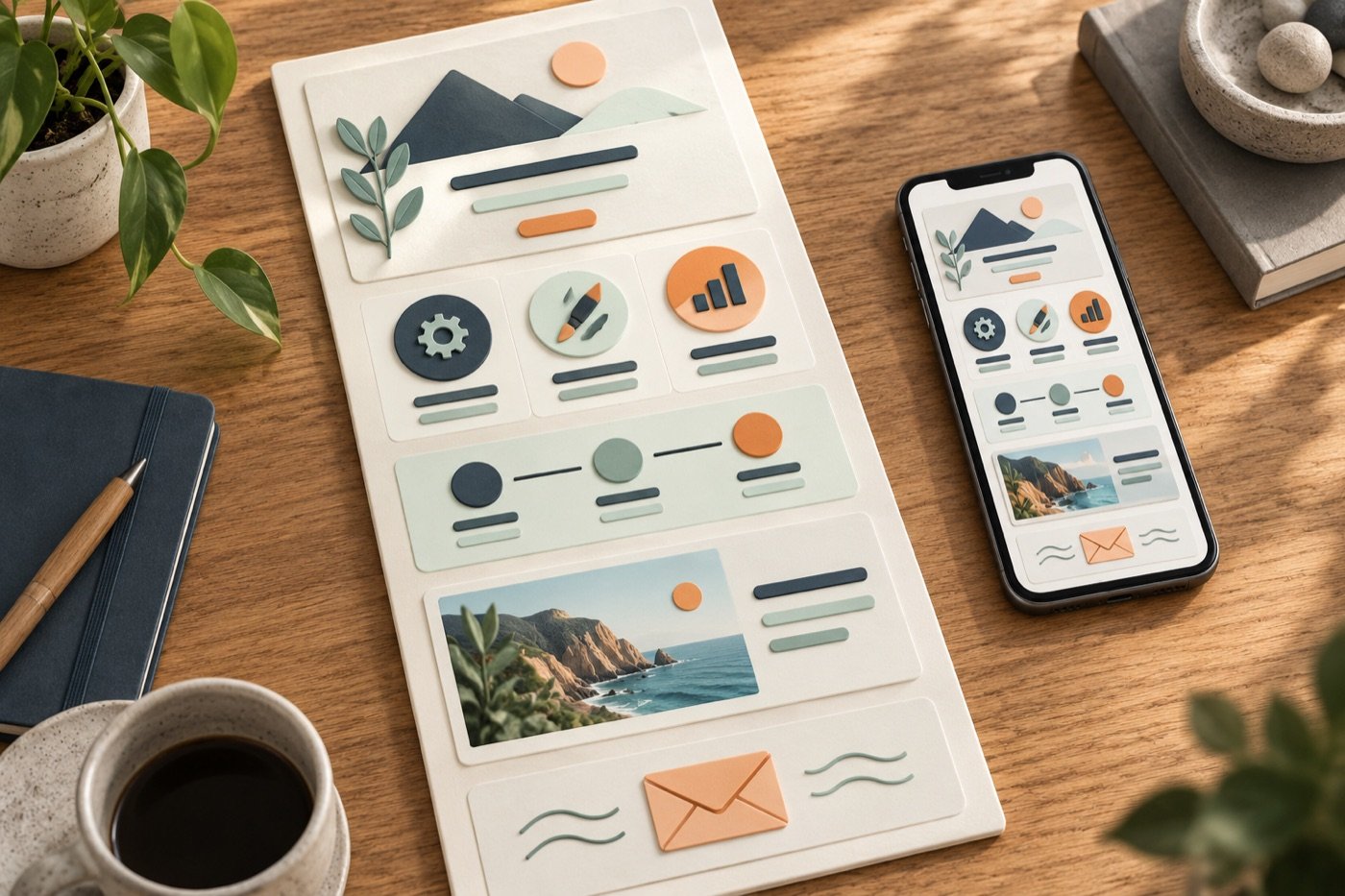 Een doorlopende website-indeling met introductie, aanbod, stappen, beeld en contact naast dezelfde opzet op een telefoon.