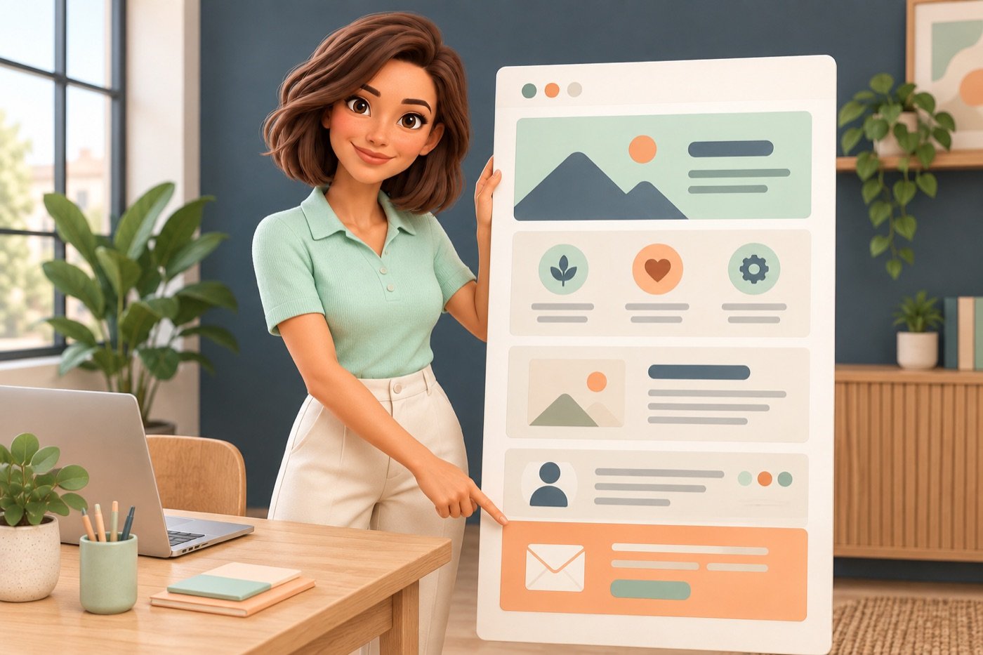 Evie wijst de contactsectie aan op een lang websitevoorbeeld met verschillende onderdelen onder elkaar.