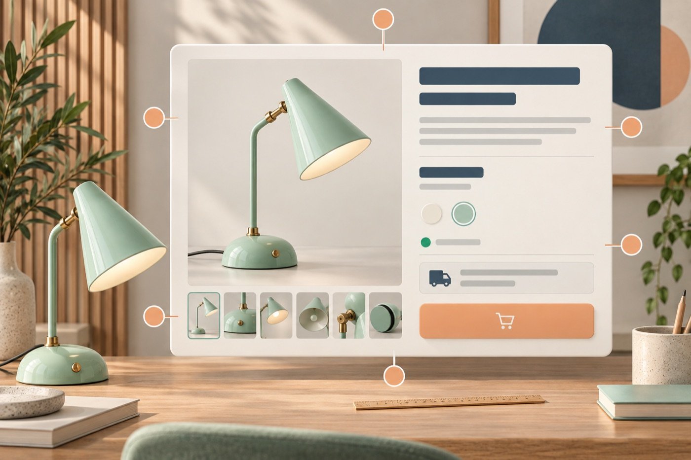 Voorbeeldopbouw van een productpagina voor een mintkleurige lamp met beeld, prijsgebied, varianten, voorraad, levering en bestelknop.