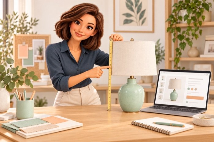 Evie bespreekt de afmetingen van een mintkleurige lamp naast een productpagina op een laptop.