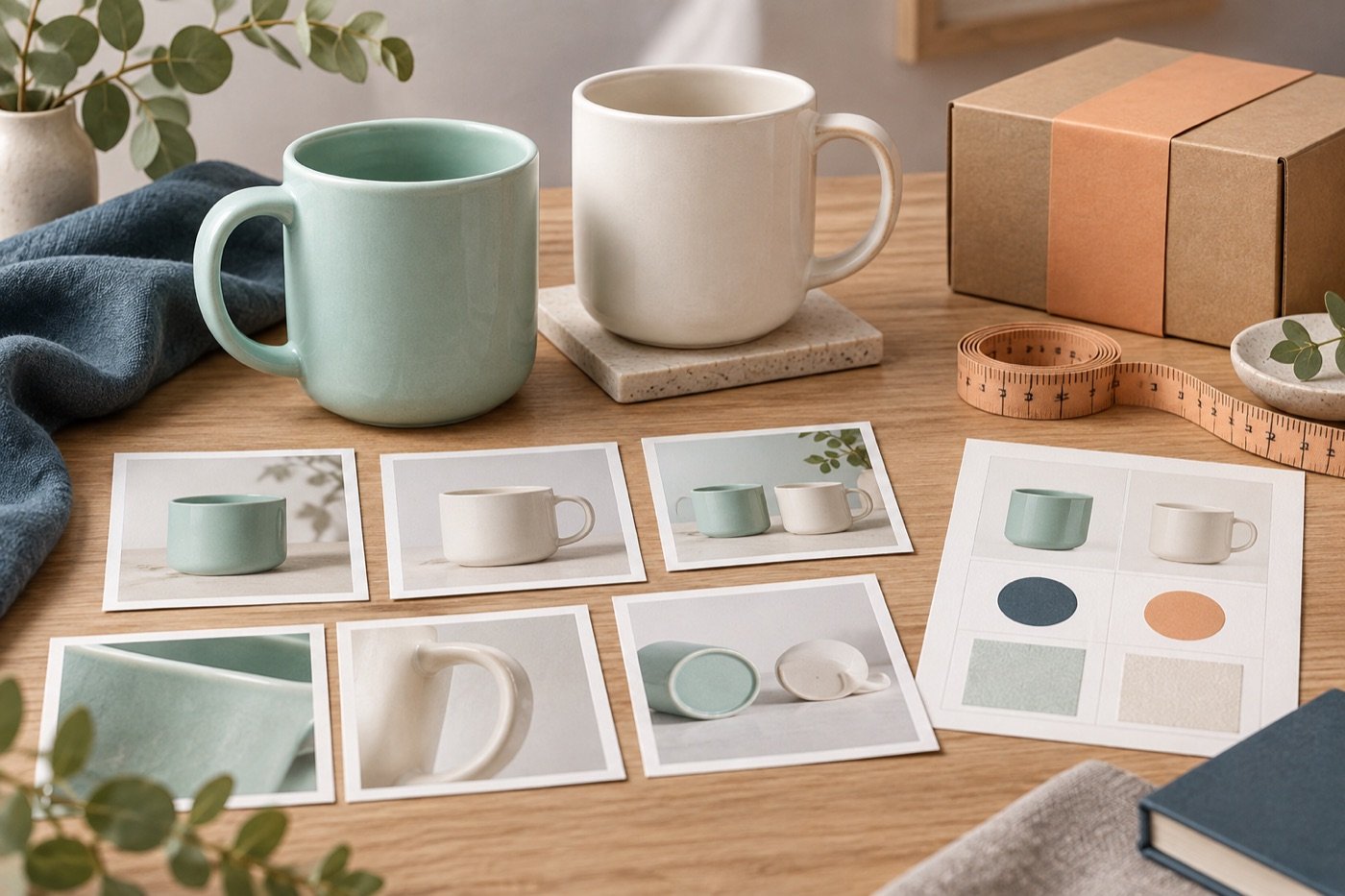 Twee mokken in verschillende kleuren naast productfoto’s, een meetlint en een verzenddoos.