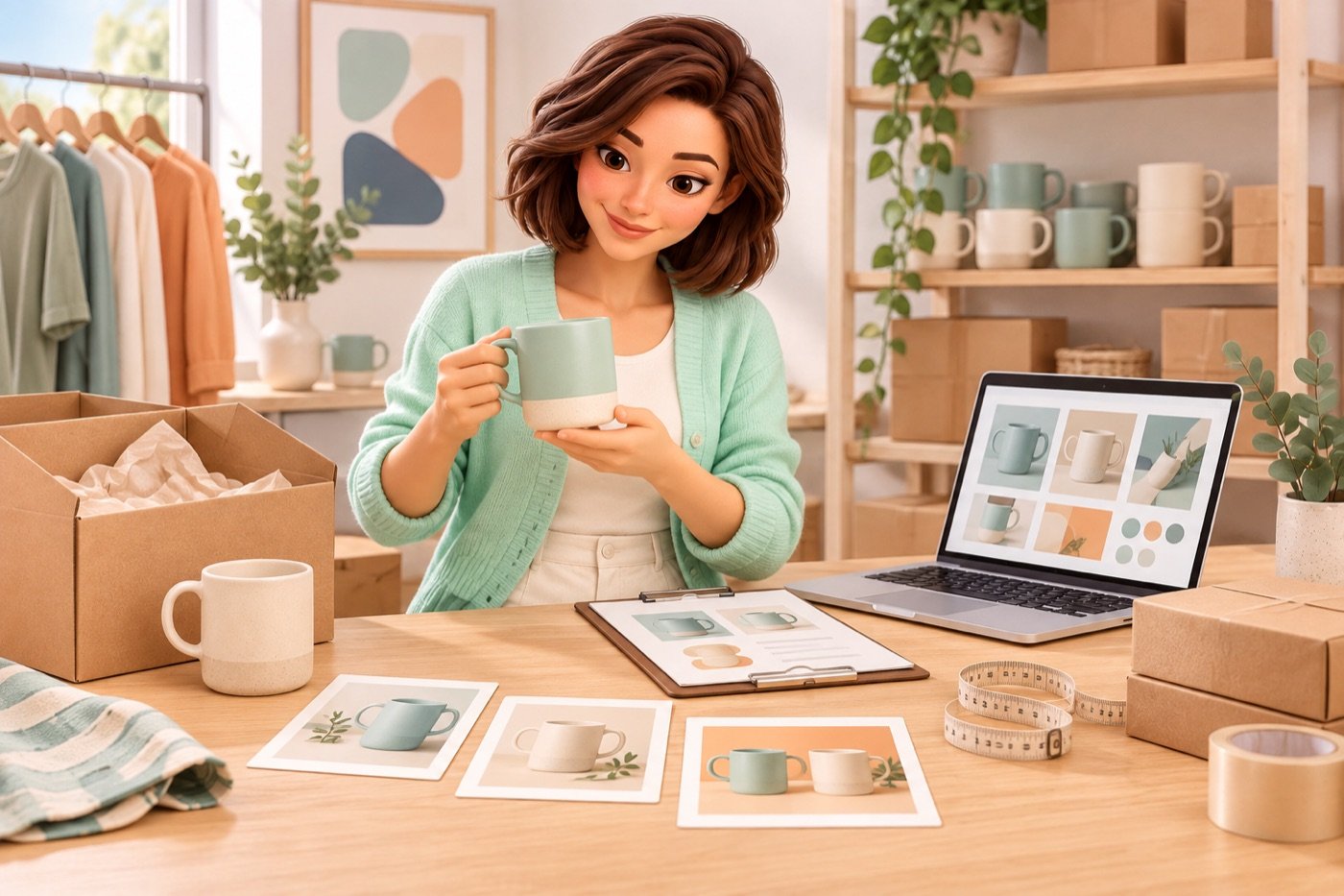 Evie bereidt een Shopify-winkel voor met productfoto’s, een mok en verpakkingen.