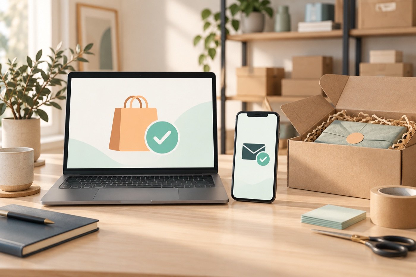 Laptop met een geslaagde winkelbestelling, een bevestiging op een telefoon en een klaarstaande verpakking.