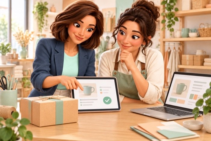 Evie en een winkeleigenaar controleren samen een testbestelling op een tablet naast een productpakket.