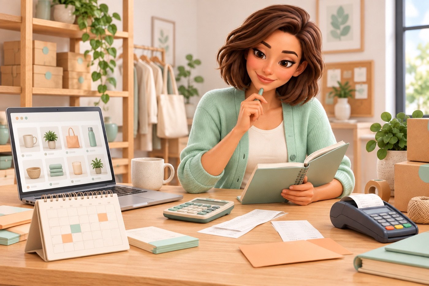 Evie rekent de terugkerende kosten van een webshop door met een budgetboek, kalender en betaalterminal.