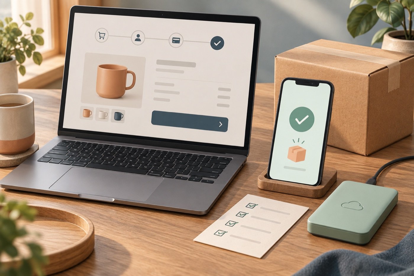 Een webshop op een laptop, een bestelbevestiging op een telefoon, een pakket en een back-upschijf.