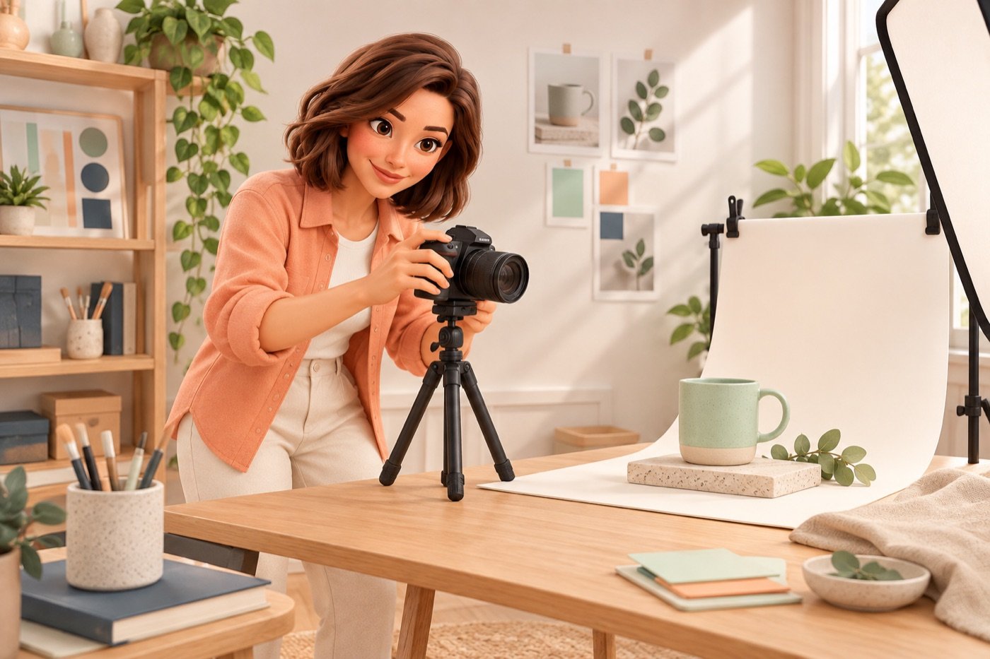 Evie fotografeert een mintkleurige mok in een rustige opstelling met camera en lichte achtergrond.
