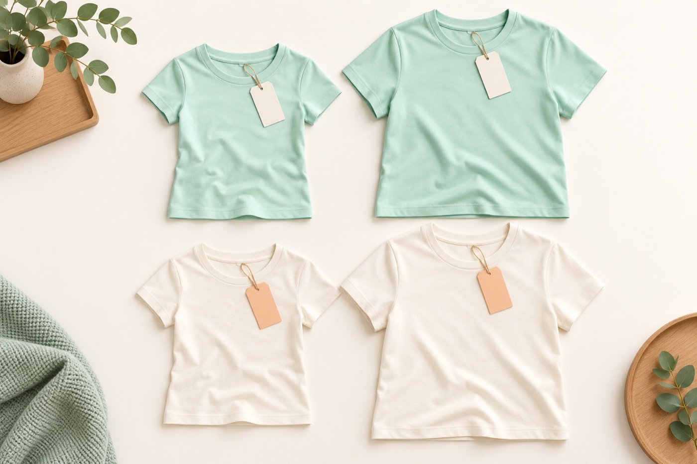 Vier shirts in een raster: mint en ivoor, elk in een kleine en een grotere maat, met aparte labels.