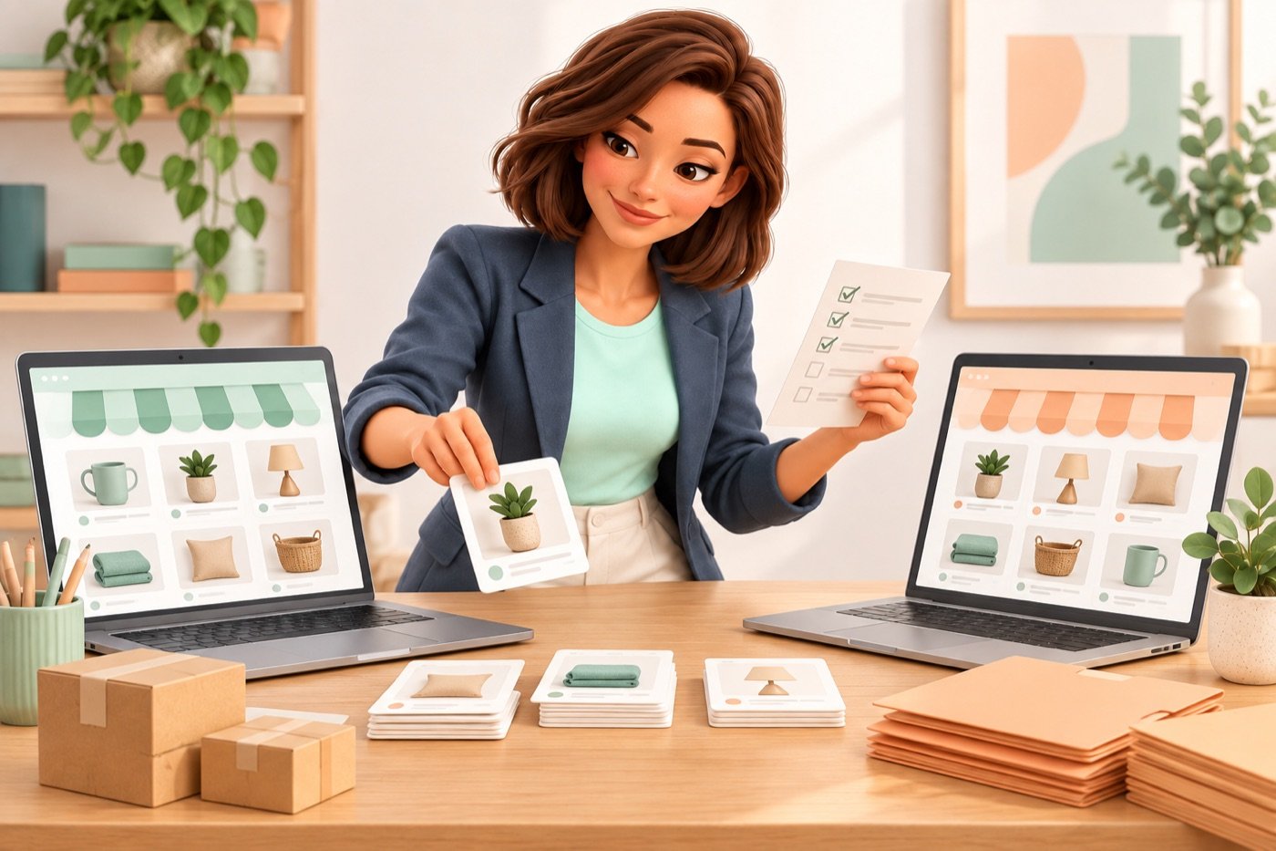 Evie controleert productkaarten en ordermappen tussen twee webshopomgevingen.