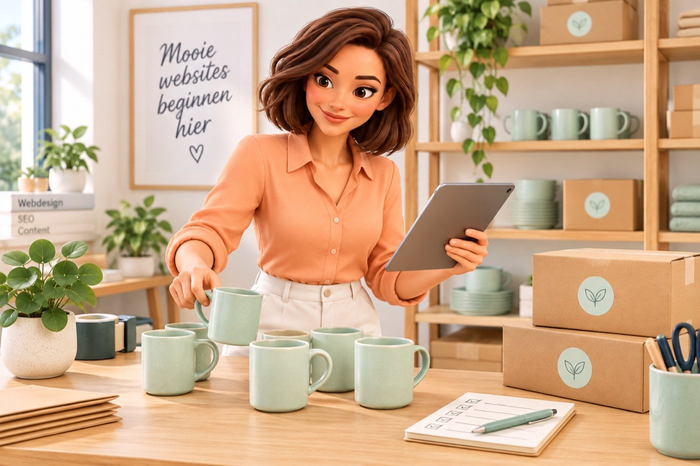 Evie telt mokken op een werktafel en vergelijkt de aantallen met een tablet.