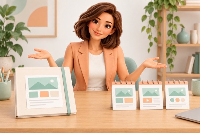 Evie vergelijkt een projectmap voor een eenmalige websitebouw met kalenderkaarten voor maandbetalingen.