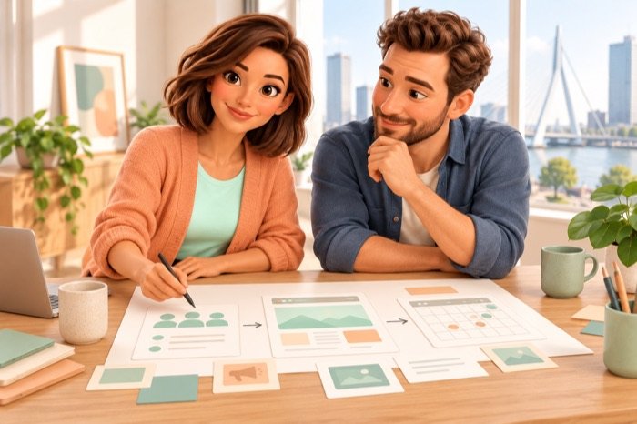 Evie en een ondernemer bespreken een websiteplan met kaarten voor doelgroep, pagina’s en planning.