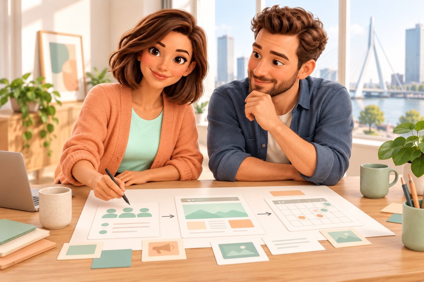 Evie en een ondernemer bespreken een websiteplan met kaarten voor doelgroep, pagina’s en planning.