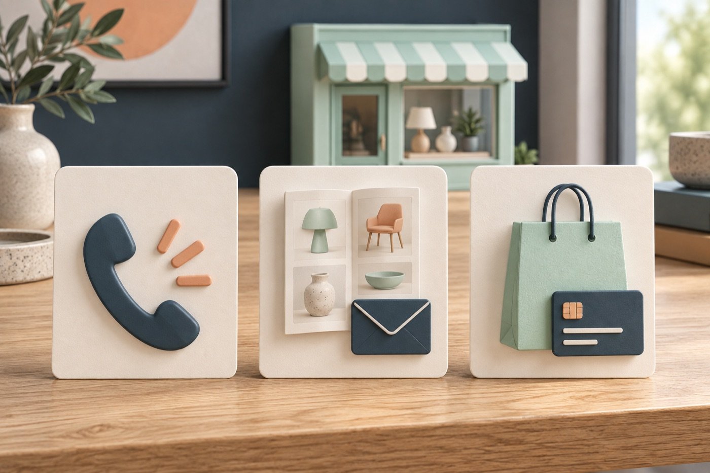 Drie beeldkaarten met een telefoon, een productcatalogus met aanvraag-envelop en een winkeltas met betaalkaart.
