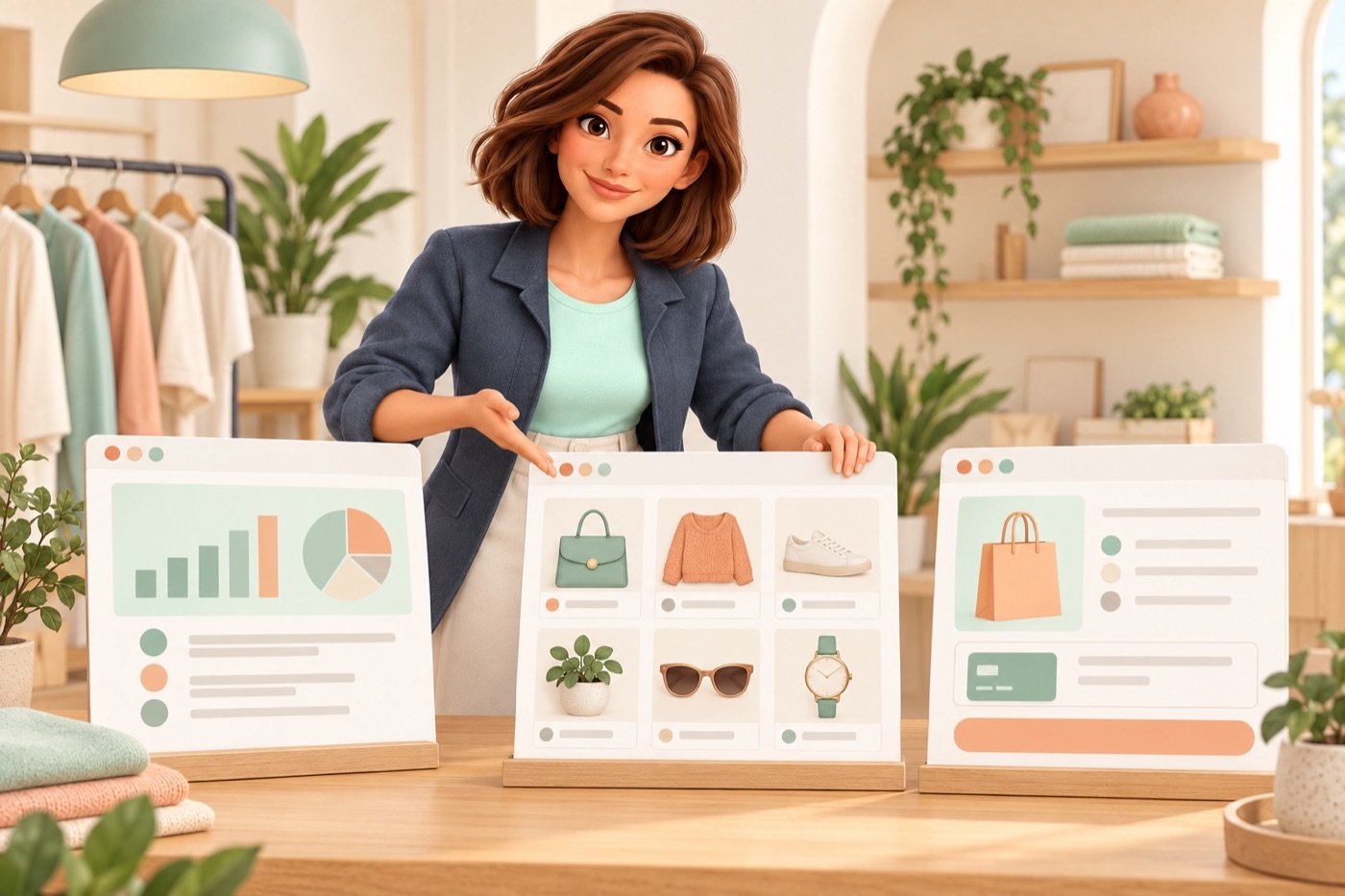 Evie toont drie schermmodellen voor een bedrijfspresentatie, een productcatalogus en een online bestelproces.