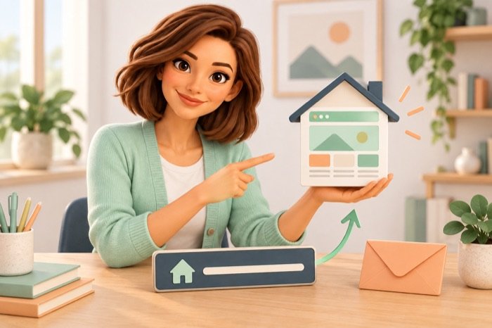 Evie toont een nieuw websitemodel naast een adresbord en een envelop op haar bureau.