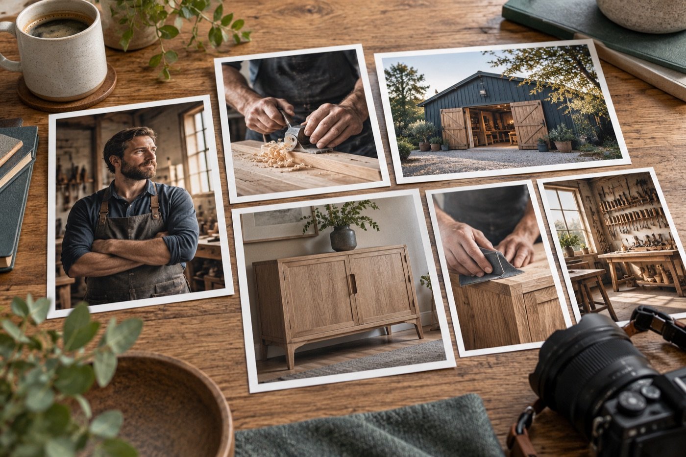 Een selectie foto’s van een vakman, houtbewerking, een afgewerkte kast en een werkplaats, in liggende en staande uitsneden.