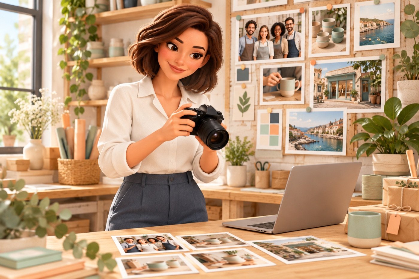 Evie verzamelt met een camera beelden van mensen, werkzaamheden en een werkplaats.