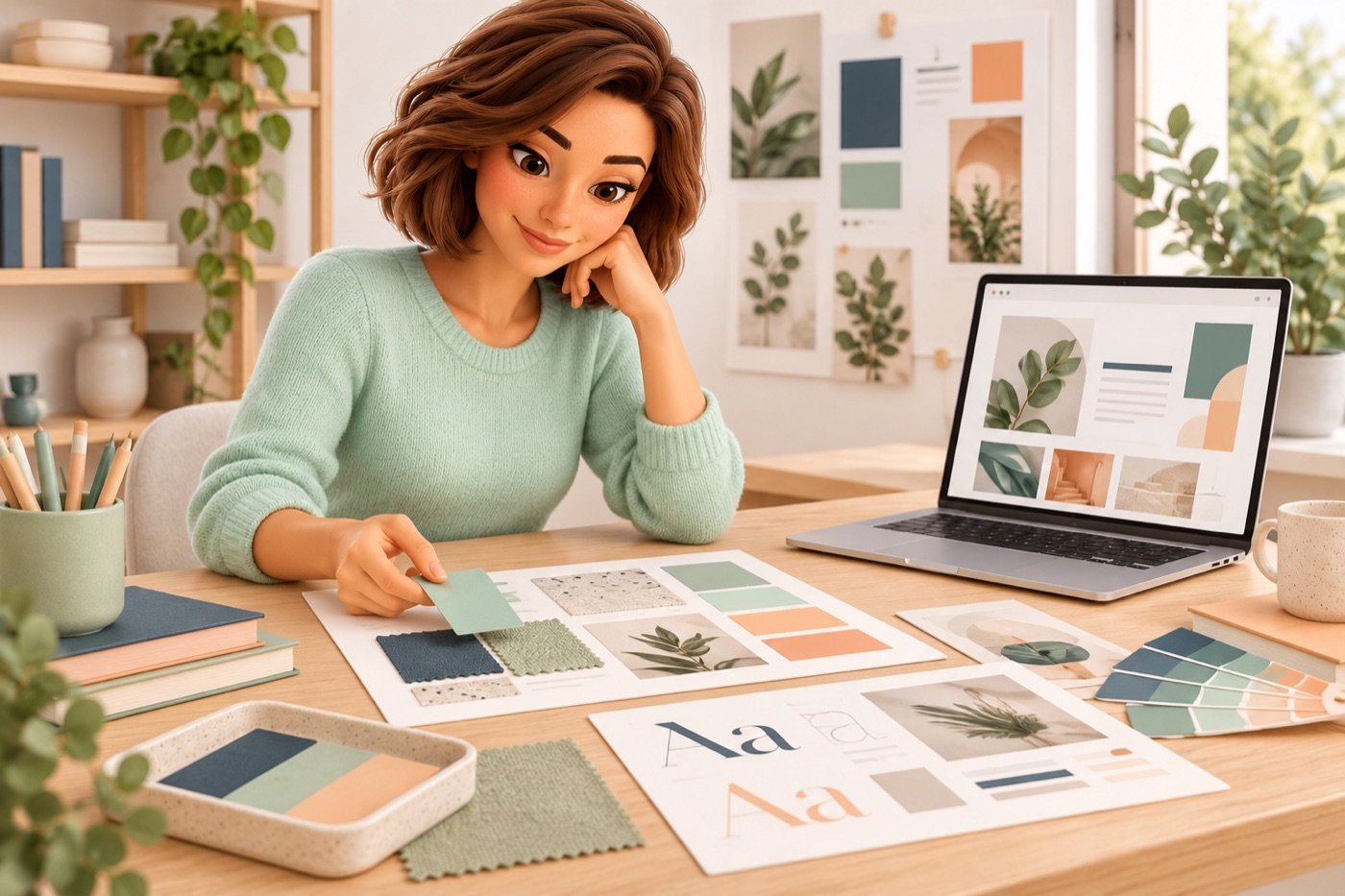 Evie stelt een eenvoudige visuele stijl samen met kleurstalen, letters en een websiteontwerp.