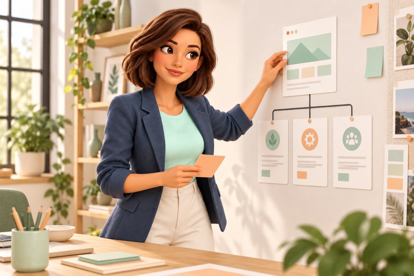 Evie ordent kaarten voor een homepage en onderliggende dienstenpagina’s in een ontwerpstudio.