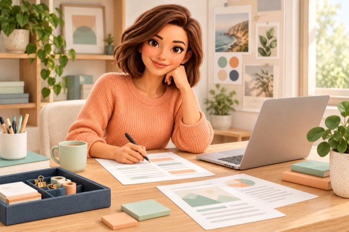 Evie redigeert website-inhoud met een pen, laptop en concrete materialen van een vakbedrijf.