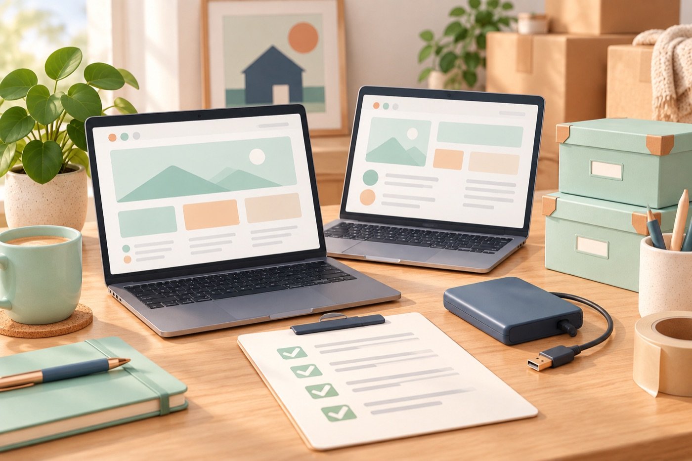 Een verhuisset met twee laptops, een back-upschijf, een controlelijst en kleine dozen.