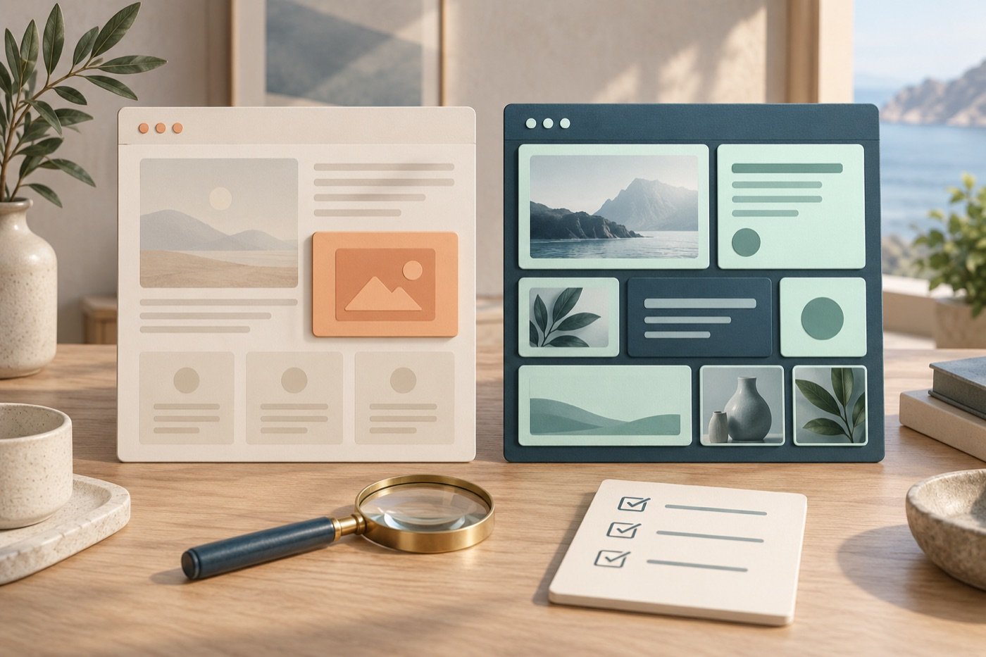 Een bestaand websiteontwerp met een losse verbeterkaart naast een compleet opnieuw ingedeelde website.