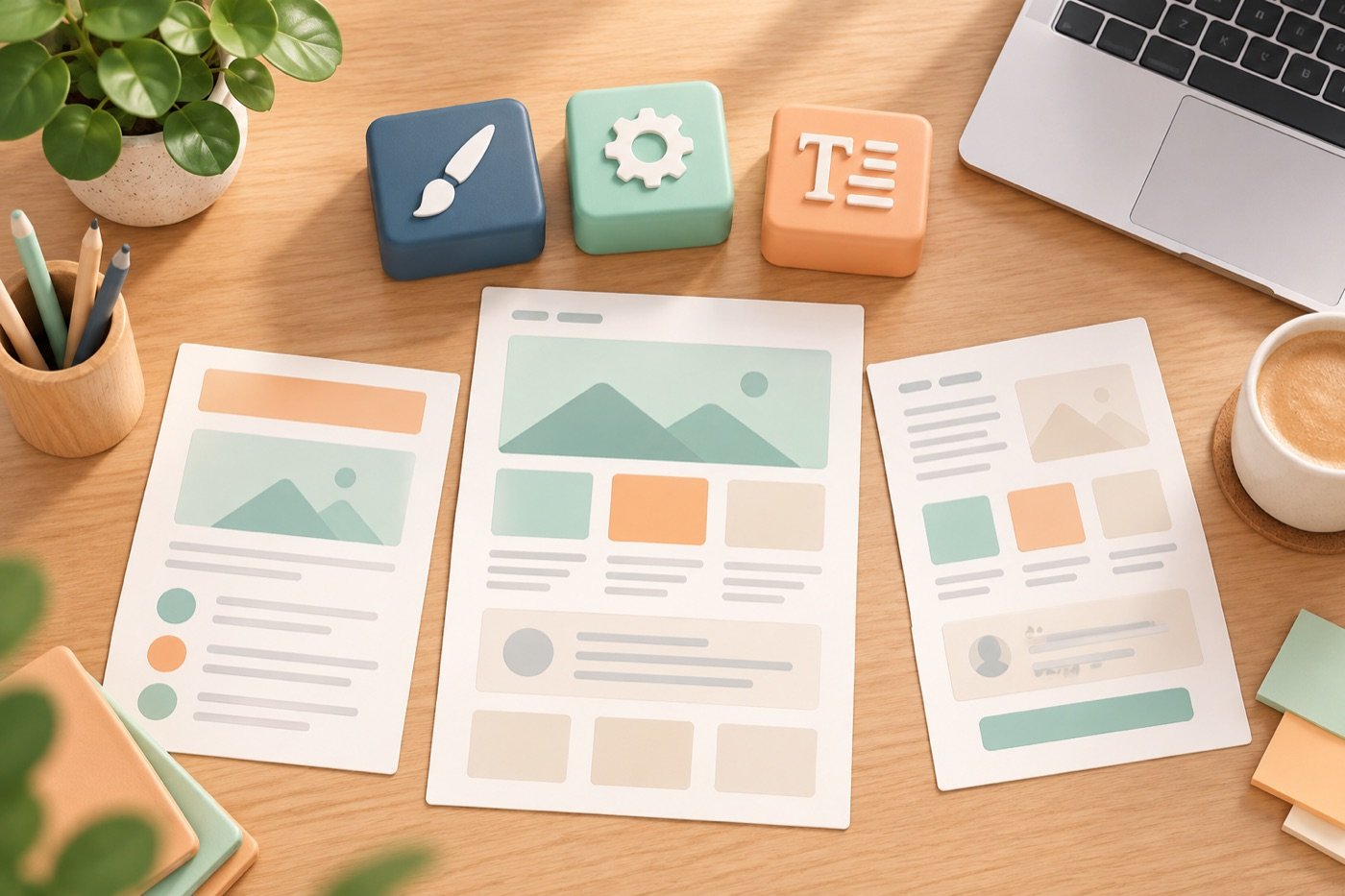 Websiteplannen en bouwblokken met symbolen voor ontwerp, inhoud en functies.