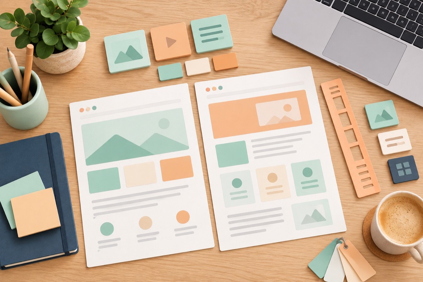 Een websitebriefing met modulaire indelingsblokken en twee paginaontwerpen op een werktafel.