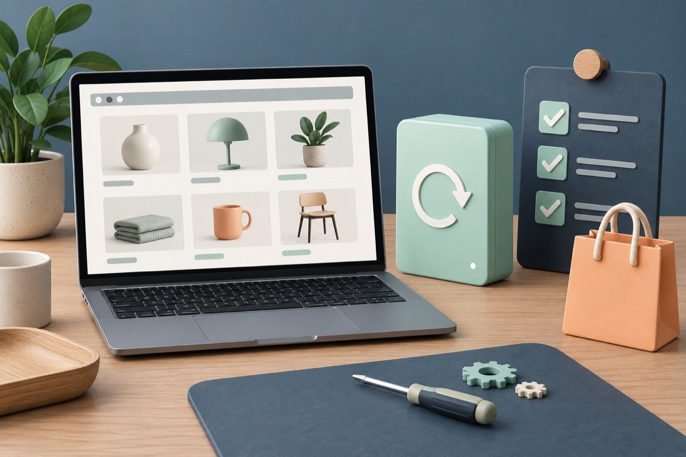 Een laptop met producten naast een back-upsymbool, een controlelijst en een winkeltas.