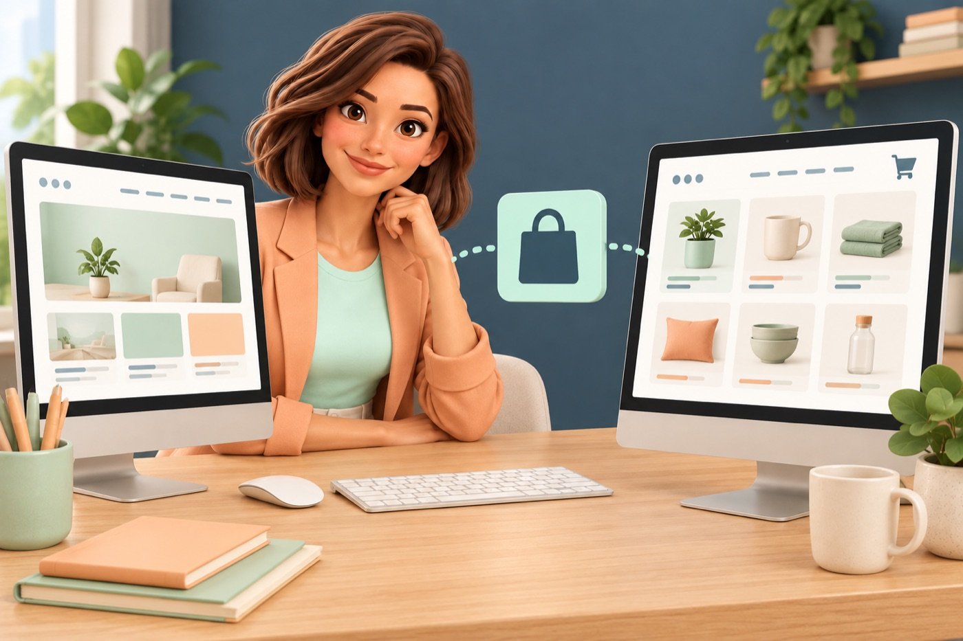Evie zit tussen een bedrijfswebsite en een productoverzicht, verbonden door een symbool van een winkeltas.