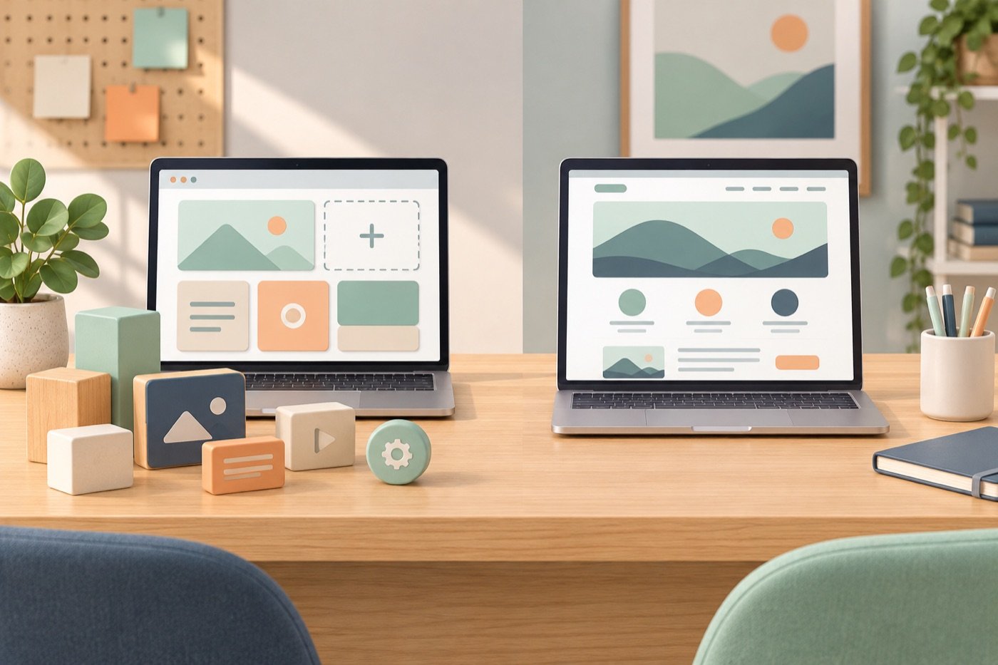 Twee gelijkwaardige werkplekken verbeelden een modulaire en een geïntegreerde websiteomgeving.