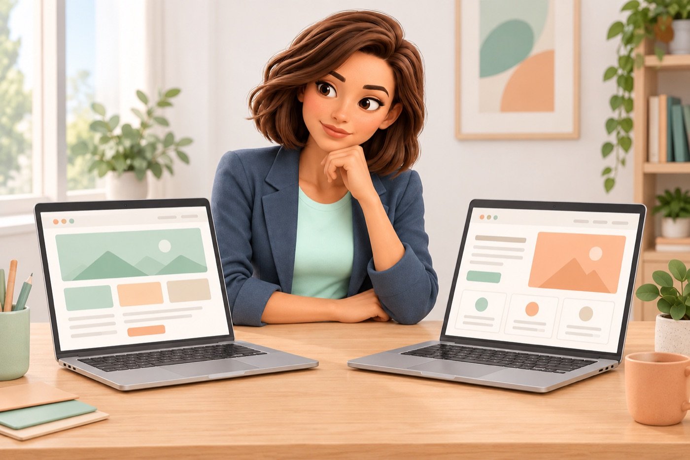 Evie vergelijkt twee websiteontwerpen op laptops in een rustige werkruimte.