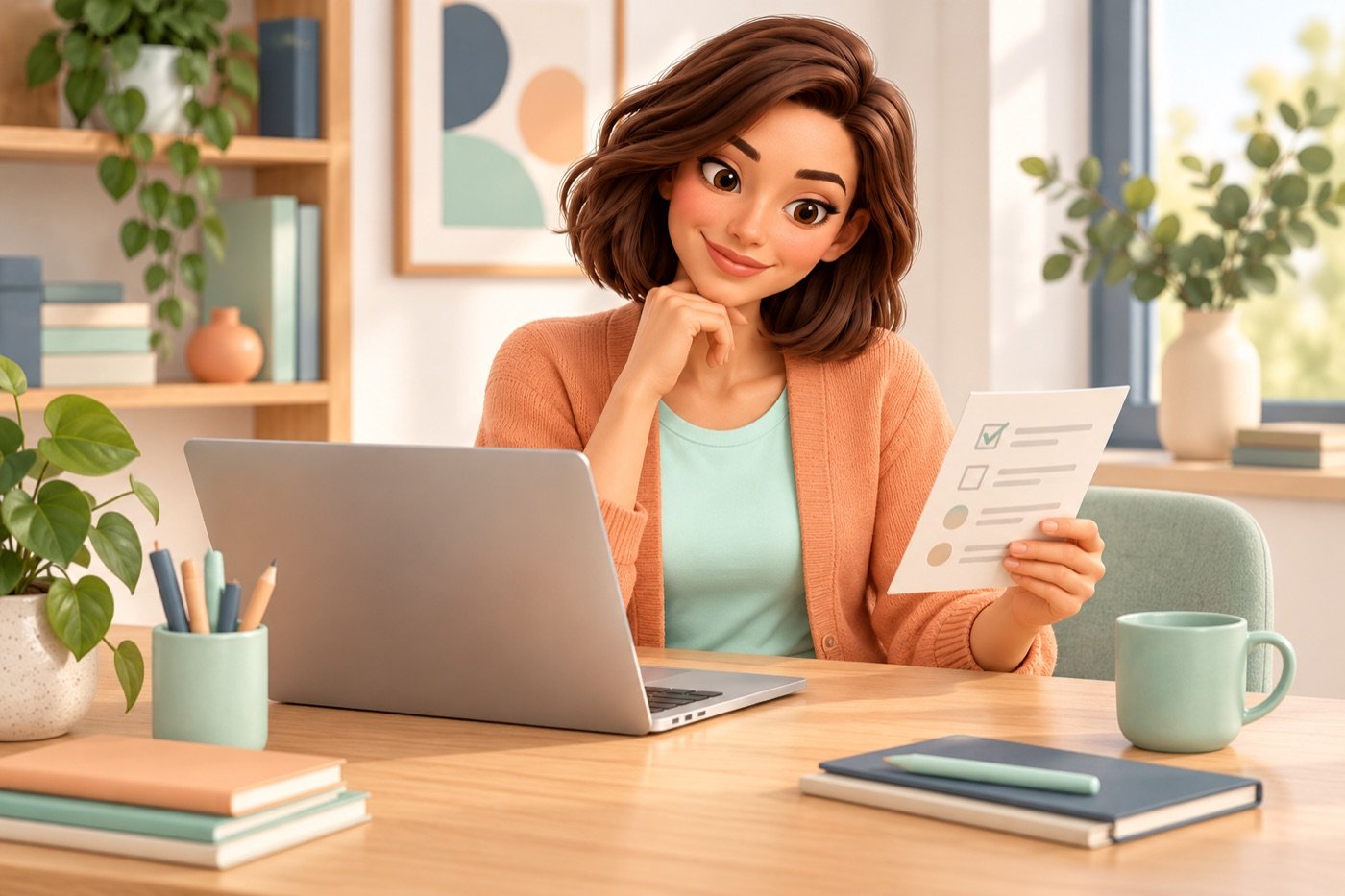 Evie controleert een websitewijziging op haar laptop met een korte checklist.