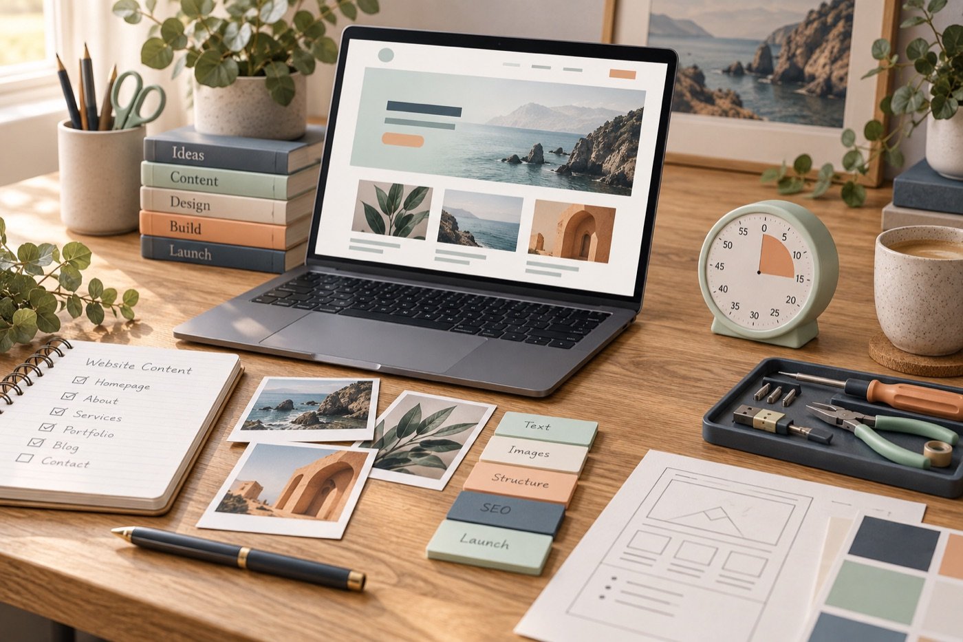 Een laptop met websiteontwerp, inhoudsnotities, foto’s, gereedschap en een klok op een werktafel.