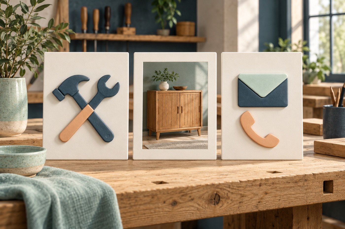 Drie illustratiekaarten tonen gereedschap, een afgewerkte kast en contactmogelijkheden.