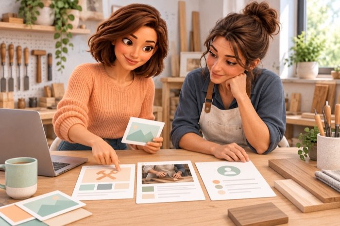 Evie bespreekt met een zelfstandige meubelmaker welke informatie op haar website komt.