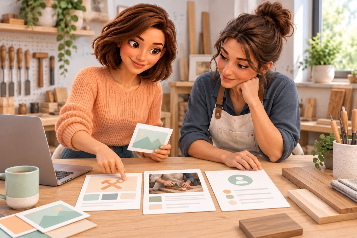 Evie bespreekt met een zelfstandige meubelmaker welke informatie op haar website komt.