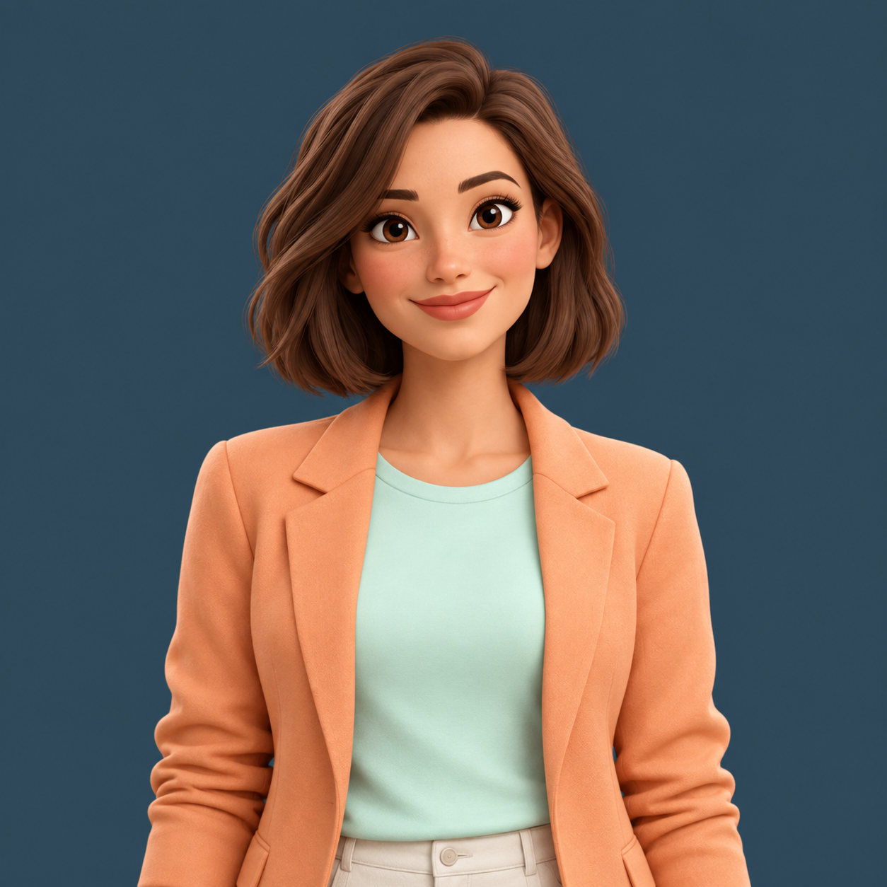 Evie, onze digitale gastvrouw in een abrikooskleurige blazer