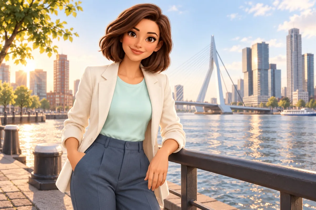 Illustratie van Evie aan de Maas met de Erasmusbrug op de achtergrond