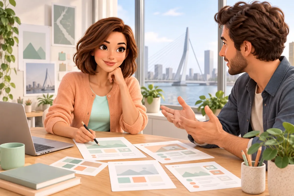 Illustratie van Evie die met een ondernemer een websiteplan bespreekt